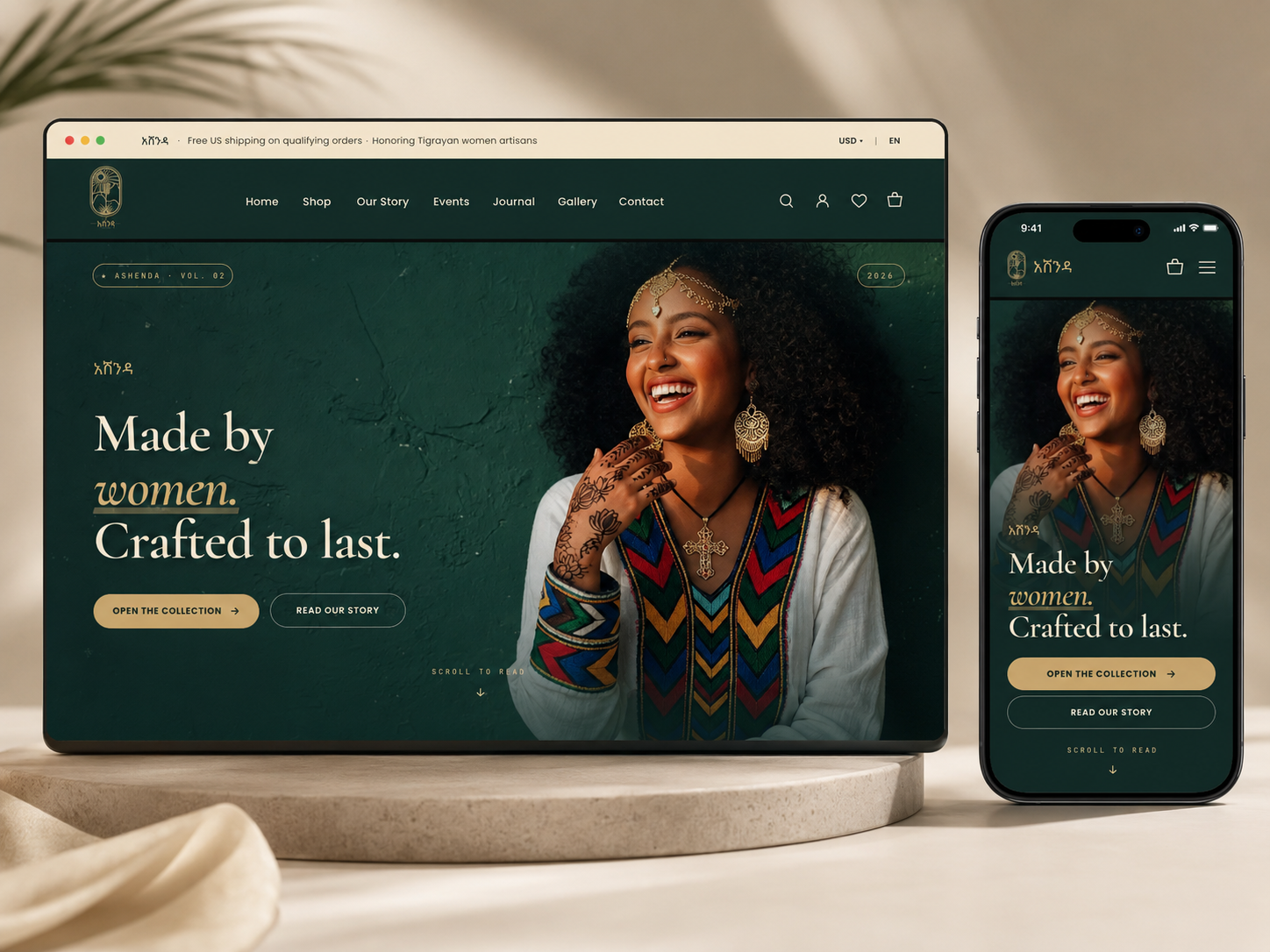 Ashenda marketplace storefront on desktop and mobile