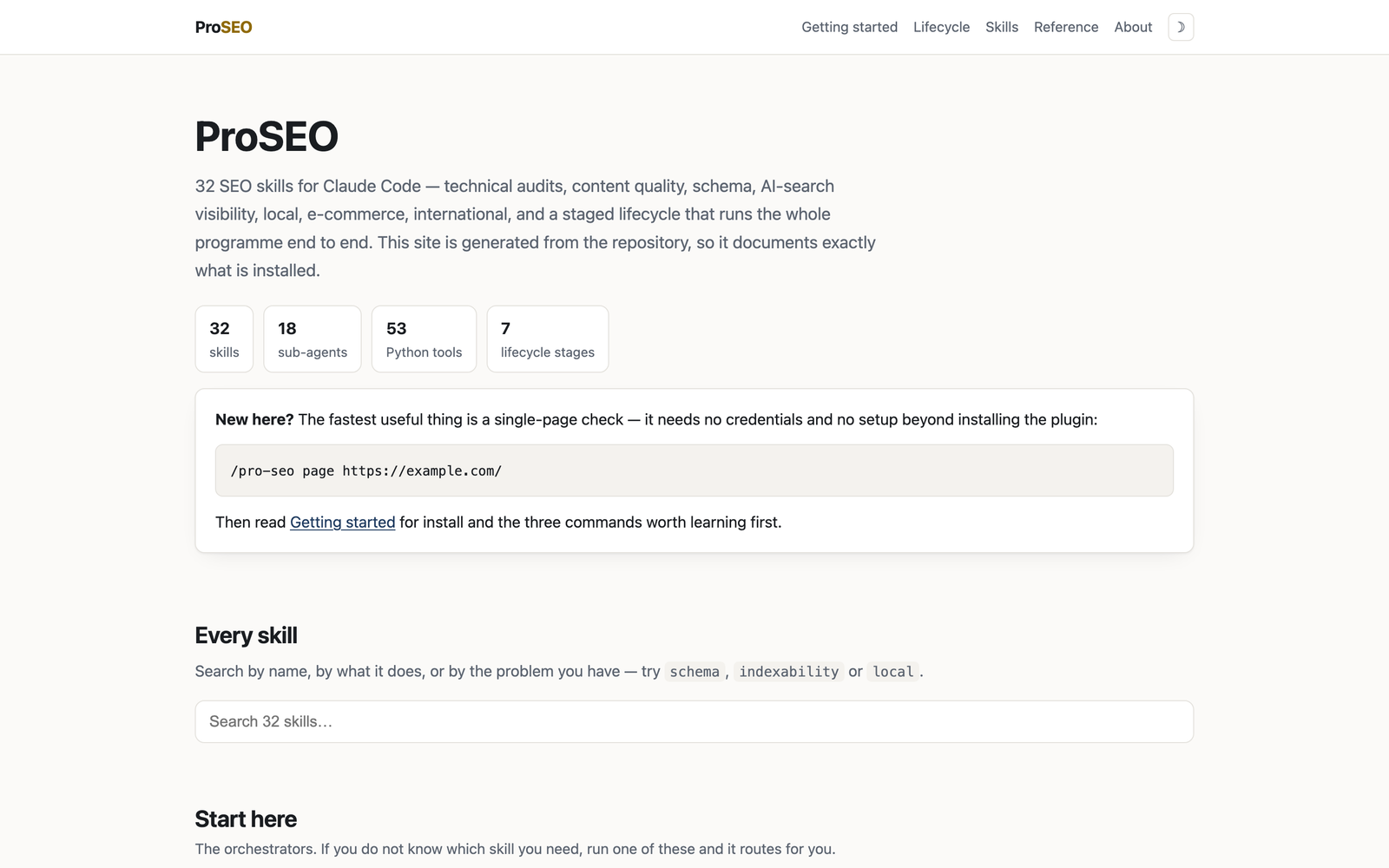 ProSEO documentation site listing its skills, sub-agents and lifecycle stages